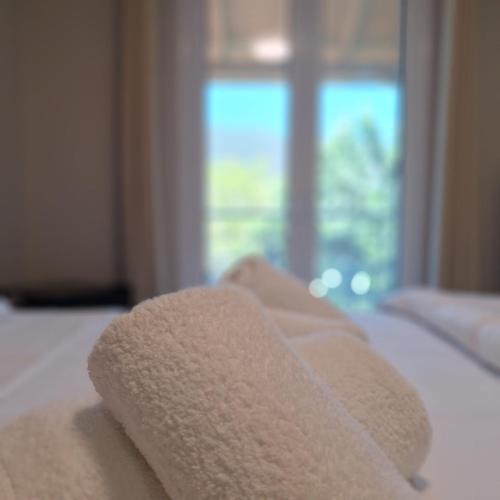 a towel sitting on top of a bed with a window at Grandsold in Vasiliki
