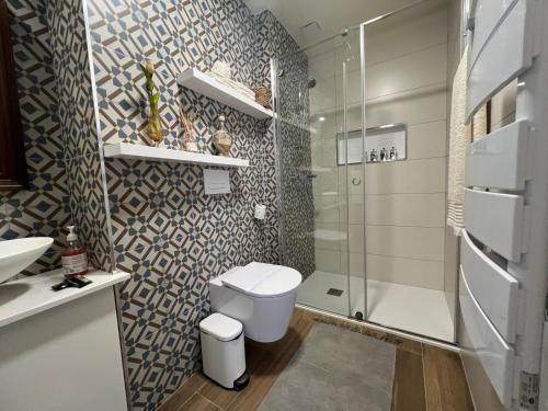 a bathroom with a toilet and a glass shower at Eido de Bairros - Casa Vinha da Touça T1 in Soajo