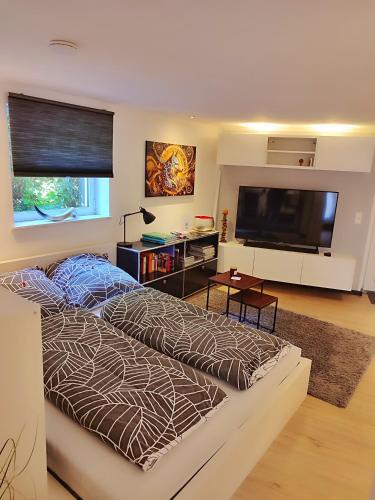 a bedroom with a bed and a flat screen tv at WOLFSHÖHLE Schwarzwald-Apartment in Achern