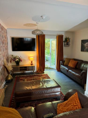 a living room with a leather couch and a tv at Woodlands House in Alexandria