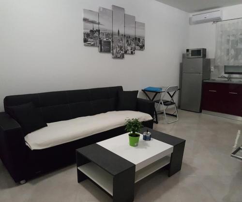 a living room with a black couch and a table at Comfortable four-room apartment in Beli Manastir