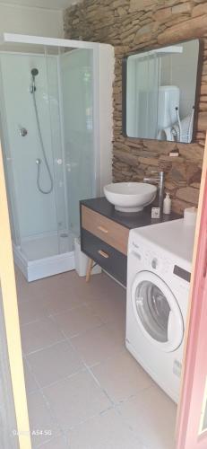 a bathroom with a washing machine and a sink at Au Grand Mûrier in Roquefère