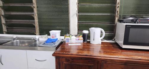 a kitchen counter with a sink and a microwave at Meyenburg Units in Mount Morgan