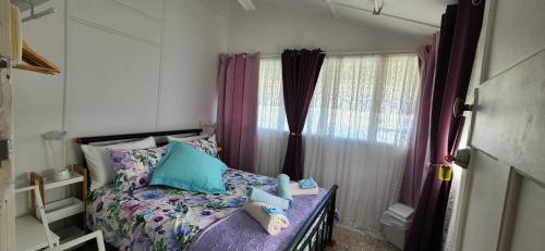 a bedroom with a bed with blue pillows and a window at Meyenburg Units in Mount Morgan