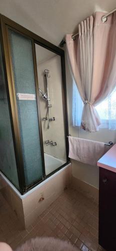 a bathroom with a shower with a shower curtain at Meyenburg Units in Mount Morgan