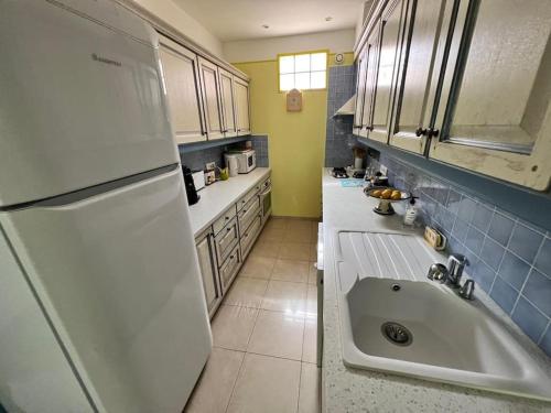 une cuisine avec un réfrigérateur blanc et un évier dans l'établissement Entre les citronniers et la mer, à Èze