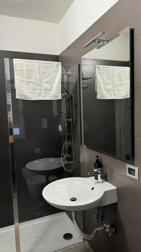 a bathroom with a sink and a shower and a mirror at Rifugio le Palme in Cervino