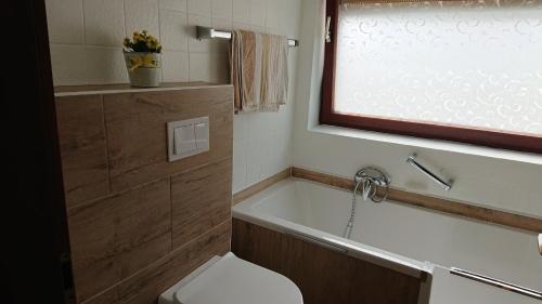 a bathroom with a tub and a toilet and a window at Ferienwohnungen Sternenhimmel WHG 1 in Medebach