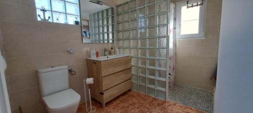 un bagno con wc, lavandino e doccia di La Caseta Dels Avis a Sant Jaume d'Enveja
