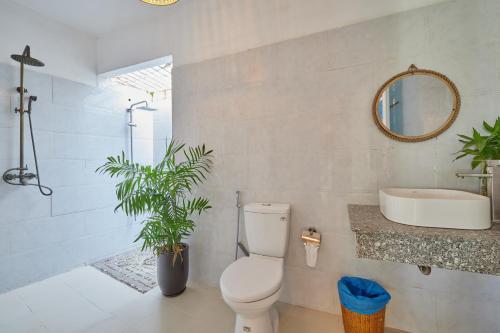 a bathroom with a toilet and a sink and a mirror at Bamboo Garden House By Hoa in An Bang