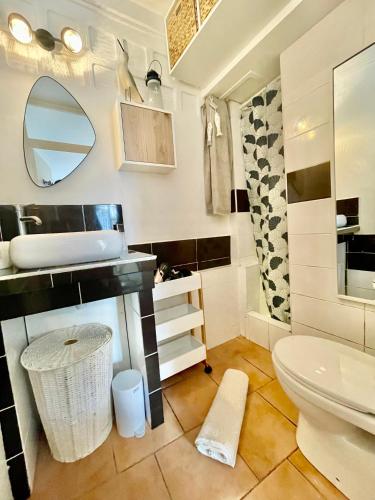 une salle de bain avec un lavabo, des toilettes et un miroir dans l'établissement Le Nid Flottais, à La Flotte