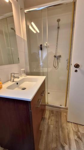 a bathroom with a sink and a shower with a mirror at Costa do Castelo Terrace, em Rua dos Lagares 8 in Lisbon