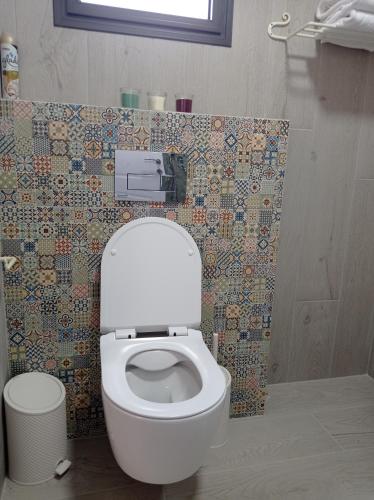 a bathroom with a toilet and a tile wall at דצ'א - Дача - Dacha in El-Rom