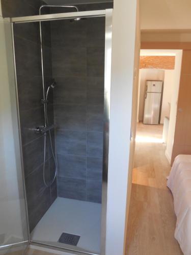 une douche avec une porte vitrée dans une pièce dans l'établissement Saint Christophe, à Omessa