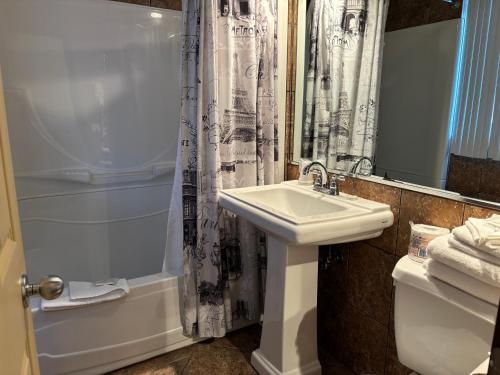 a bathroom with a sink and a shower curtain at Motel vue Belvédère in Saint-Siméon