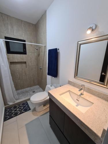 a bathroom with a sink and a shower and a toilet at Depto en Barrio Antiguo, Santa Lucia y Fundidora in Monterrey