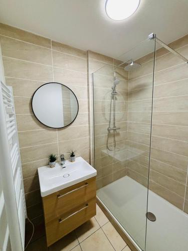 une salle de bain avec un lavabo et une douche dans l'établissement Happy Family- Appartement 3 chambres- Rez de chaussée, à Douai
