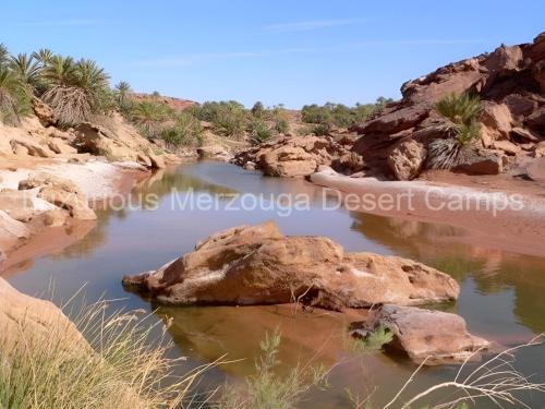 a river in the desert with rocks and palm trees at Luxurious Merzouga Desert Camps in Merzouga