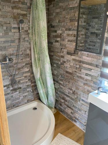 a bathroom with a toilet and a shower curtain at Przyczepa holenderska domek III in Przemysław
