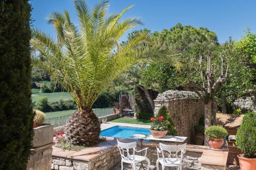 a palm tree in a garden next to a swimming pool at Cal Carulla in L'Astor