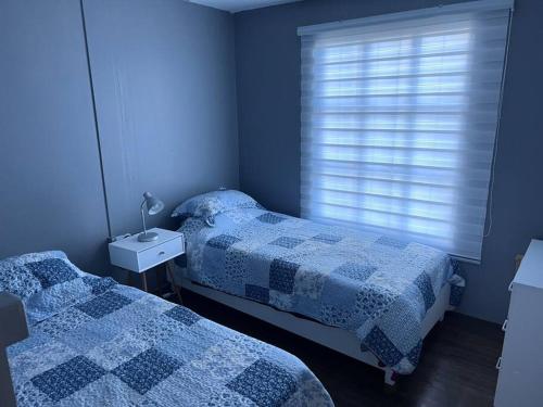 two beds in a blue bedroom with a window at Cabaña 4 personas con tinaja extra in Lota