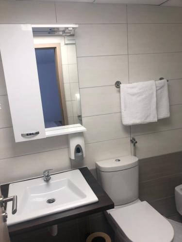 a bathroom with a sink and a toilet and a mirror at Apartments ANA Karlobag in Karlobag