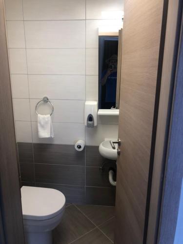 a bathroom with a toilet and a sink and a mirror at Apartments ANA Karlobag in Karlobag