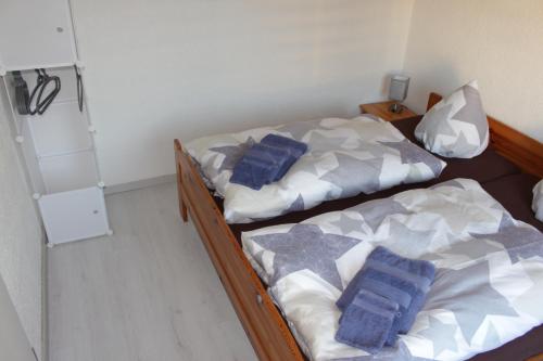 two beds in a room with blue pillows on them at Ferienwohnung Rolle in Schöna
