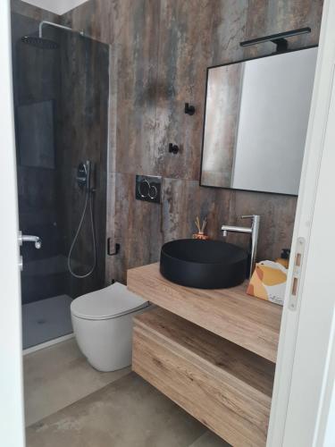 a bathroom with a sink and a toilet and a mirror at Elsa Holiday Home in Fontane Bianche