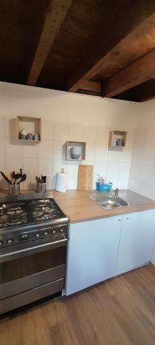 une cuisine avec une cuisinière et un évier dans l'établissement Maison de village cosy, à Saint-Eustache-la-Forêt