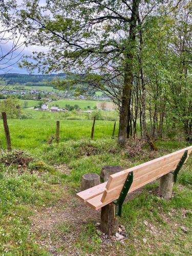 a wooden bench sitting on top of a field at Ferienwohnung Müsen, nah an der Natur in Hilchenbach