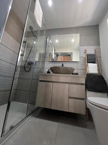 a bathroom with a sink and a shower and a toilet at Casa do avô Serafim in Cetos