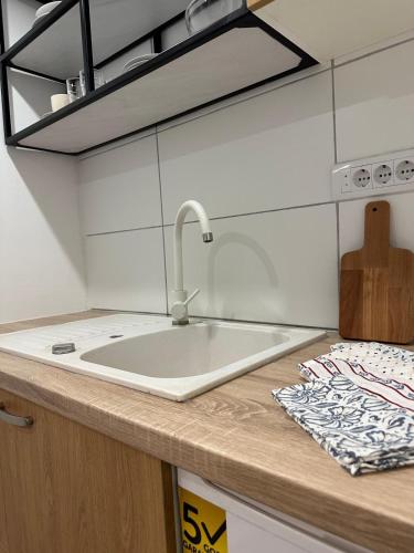 a kitchen with a sink and a counter top at Apartman BeerCuz Beer House in Novi Sad