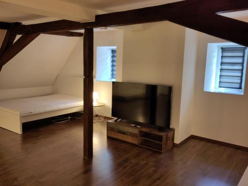 a living room with a bed and a tv at Ferienhaus Salmtal Himmerod in Großlittgen