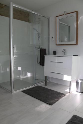 une salle de bain avec une douche en verre et un lavabo dans l'établissement ty and aod , maison 3 chambres belle vue mer le conquet, au Conquet