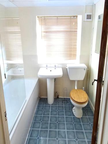 a bathroom with a toilet and a sink and a tub at Accessible Flat Greater London in Upminster
