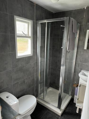 a bathroom with a shower and a toilet at Sheppey days in Eastchurch