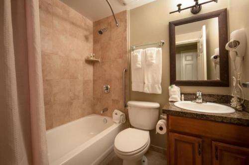 Enjoy snowball fights or romantic nights in a 1BD vacation apartment في Brownsville: حمام مع مرحاض وحوض استحمام ومغسلة