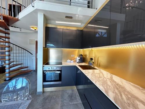 a kitchen with black cabinets and a yellow wall at Duplex Penthouse Aparthotel Rosa in Podčetrtek