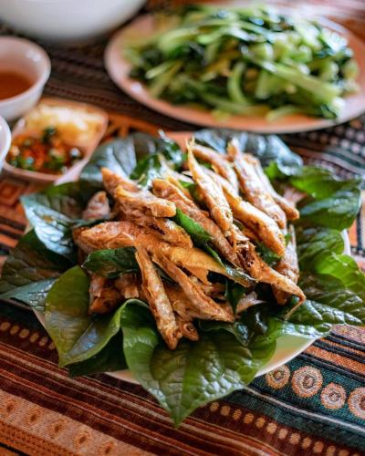 a plate of food with chicken on top of lettuce at Nasan Green Farm in Cao Bằng