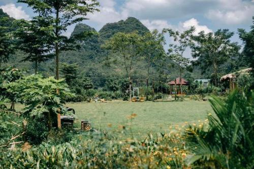 a field of grass with mountains in the background at Nasan Green Farm in Cao Bằng