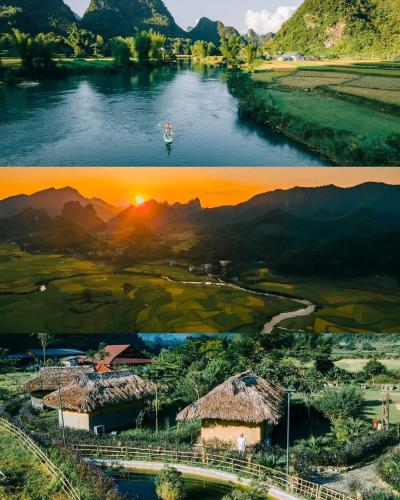 two pictures of a river with a person in the water at Nasan Green Farm in Cao Bằng