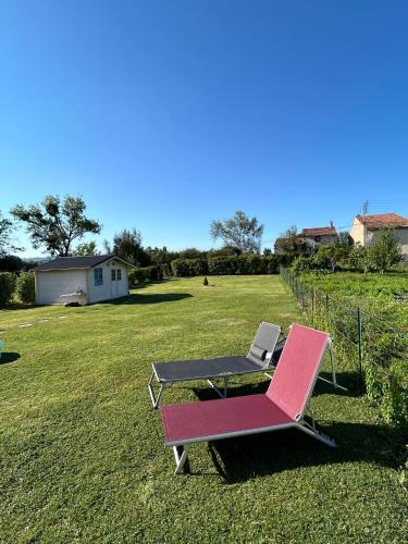 une chaise rose et noire et une table dans un champ dans l'établissement À quatre Chez lulu, à Riom