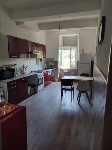 une cuisine avec une table et des chaises dans l'établissement Grand appartement à Anduze - Cevennes Flat, à Anduze