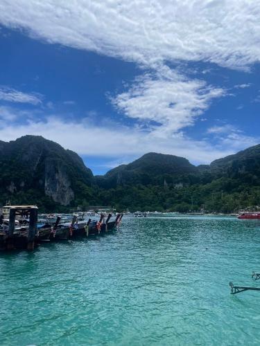 a group of boats docked at a dock in the water at Easy Hostel in Phi Phi Don