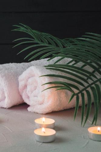 three candles in front of a towel and a plant at Upscale 2bd & 2ba Apt in Swara Ranch in Maiyan in Nanyuki