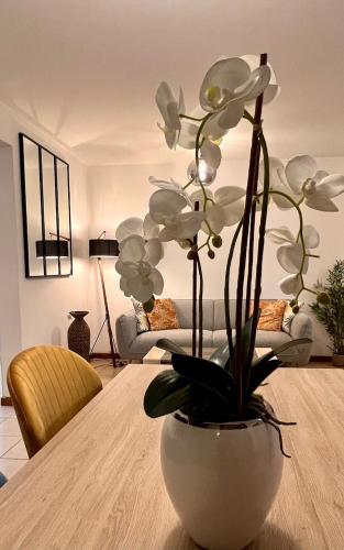 a vase with white flowers on a table in a living room at Chez Gerard in Saint-Pierre