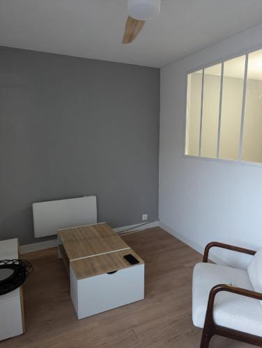 un salon avec une table et un canapé dans l'établissement T1 bis de 30 m2 avec terrasse, à Toulouse