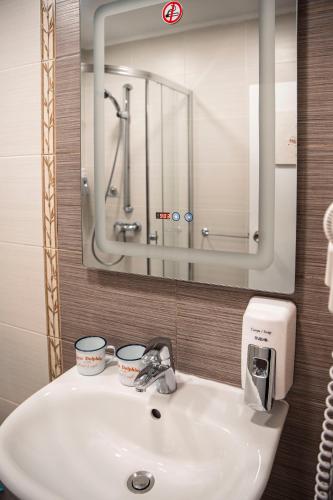 La salle de bains est pourvue d'un lavabo et d'un miroir. dans l'établissement Three Dolphins Hotel with a Rooftop terracе, à Varna