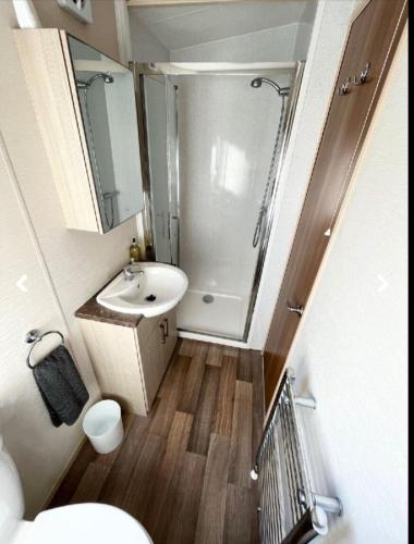 a small bathroom with a shower and a sink at Tattershall Lakes in Tattershall